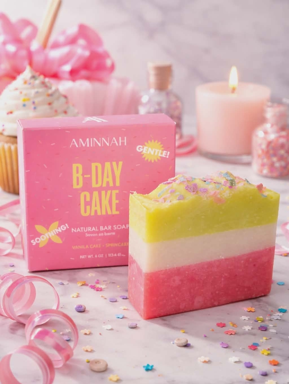Aminnah B-Day Cake Natural Bar Soap - Pink/White/Yellow
